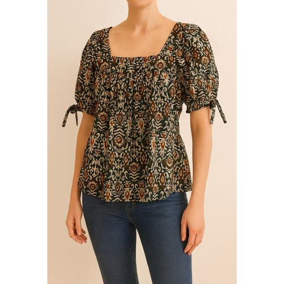 Nordstrom DR2 Boho Puff Sleeve Blouse Small Multicolor Ikat Print Cotton Top - Picture 1 of 7